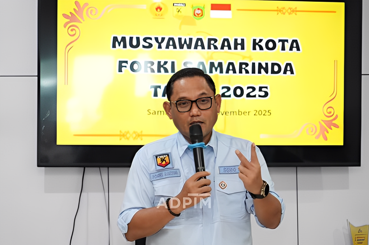 Wagub Kaltim, Seno Aji, memberikan sambutan pada pembukaan Muskot Forki Samarinda di Aula Serbaguna Dispora Samarinda, Minggu (9 November 2025).