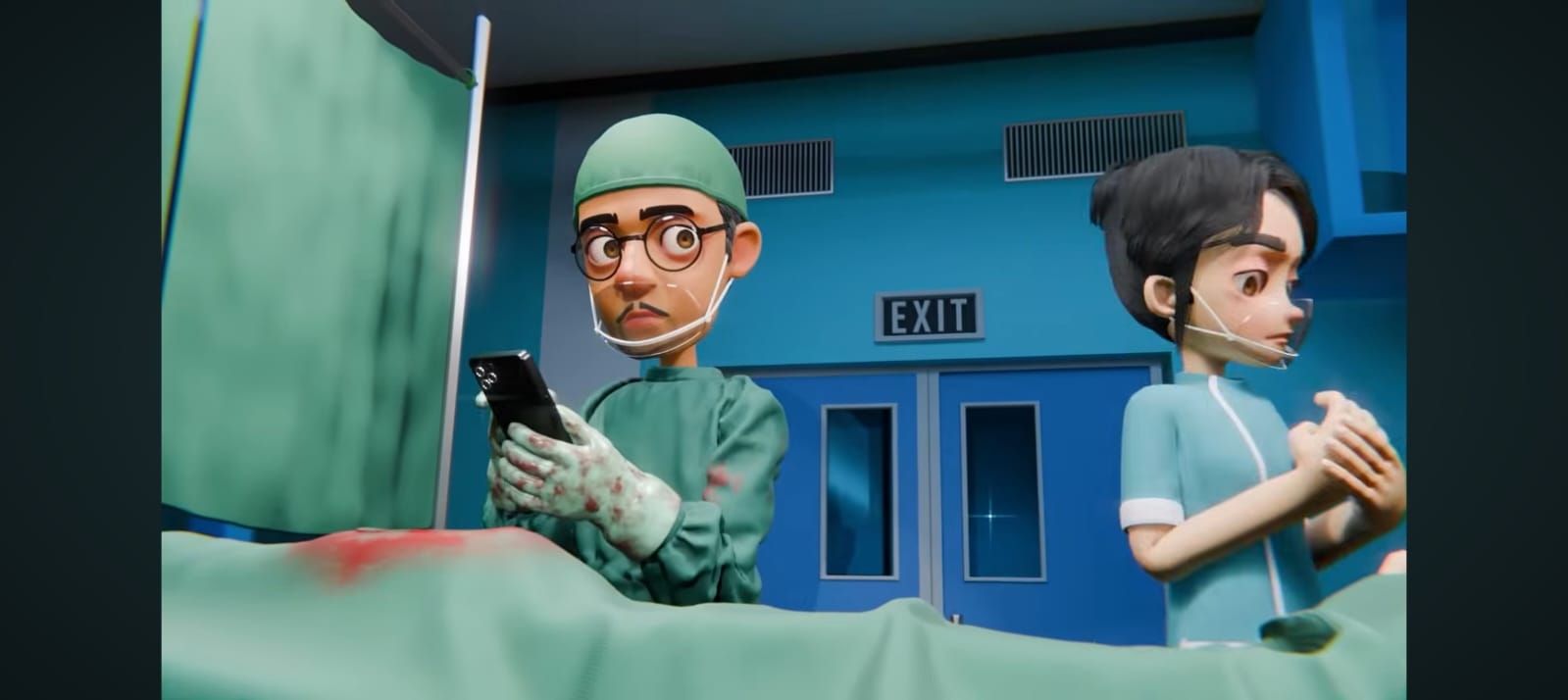 Ilustrasi ruang operasi kocak dengan dokter memegang HP berisi chatbot &ldquo;Doctor Aiman&rdquo; &mdash; sindiran visual soal ketergantungan AI.