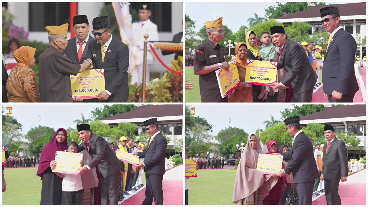 Momen penyerahan bantuan sosial dalam rangka Upacara Hari Pahlawan di halaman Gedung Putih Balai Kota Balikpapan, Senin (10 November 2025).