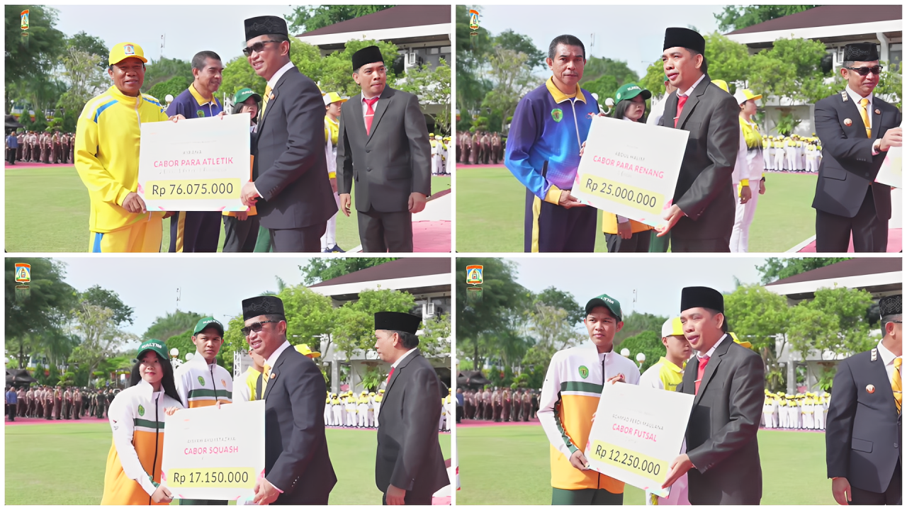 Penyerahan bonus bagi atlet dan pelatih PON serta Peparnas 2024 berprestasi pada Upacara Hari Pahlawan di halaman Gedung Putih Balai Kota Balikpapan, Senin (10 November 2025).
