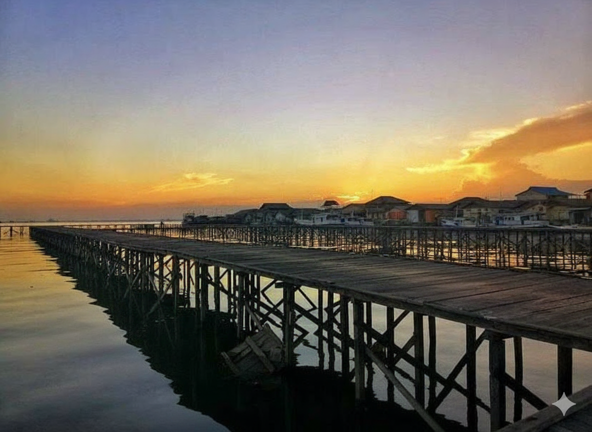 Panorama Kampung Atas Air Margasari Balikpapan &mdash; rumah di atas laut dengan jembatan kayu dan senja oranye keemasan.