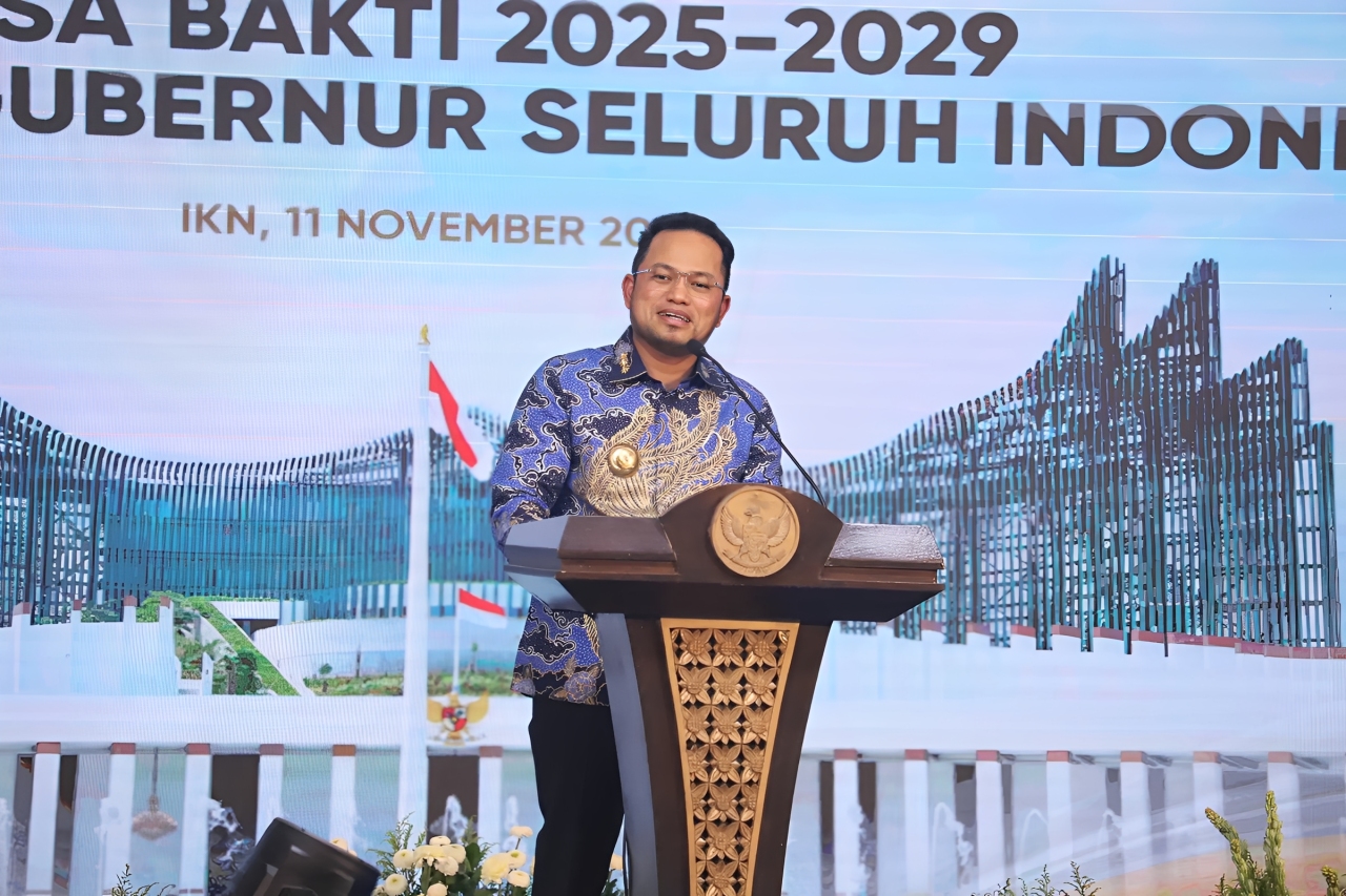 Gubernur Kaltim Rudy Masud saat menyampaikan orasi perdana sebagai Ketua Umum APPSI periode 2025-2029 di IKN, Selasa (11 November 2025).