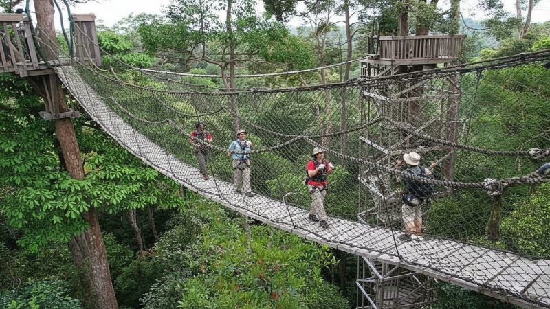 Pengunjung menapaki jembatan gantung Bukit Bangkirai di ketinggian, dikelilingi pepohonan tropis hijau nan megah.