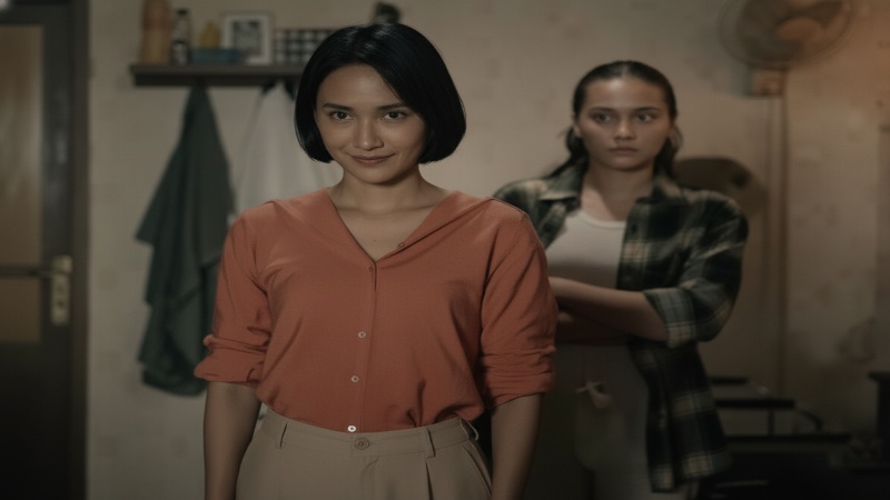 Sosok ibu misterius berdiri di lorong rumah dengan tatapan kosong dan cahaya redup &mdash; visual kuat yang menegaskan horor psikologis dalam &ldquo;Dia Bukan Ibu&rdquo;.