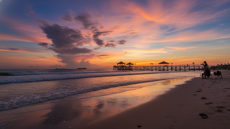 Pantai Kemala Balikpapan saat sunset &ndash; pasir putih, laut tenang, dan siluet pengunjung yang menikmati suasana tropis.