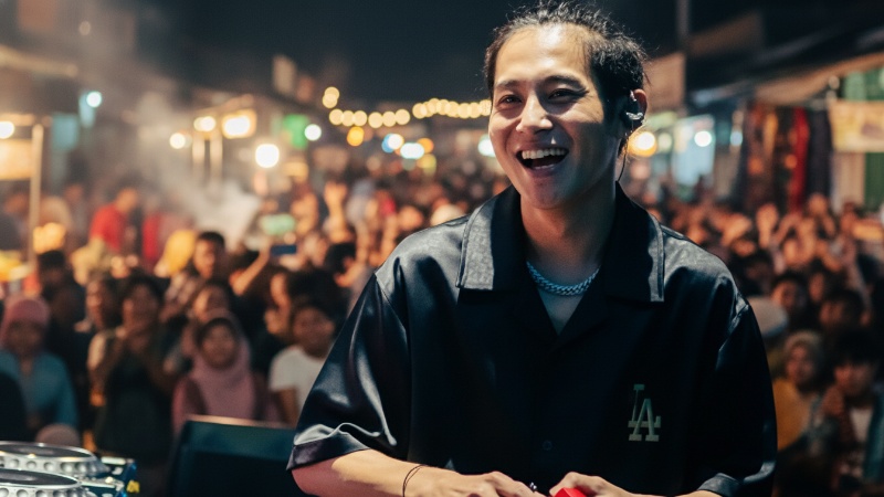 DJ Panda dengan ekspresi datar di depan layar, menepis isu sindiran &mdash; visual dramatis dengan fokus pada gestur santai.