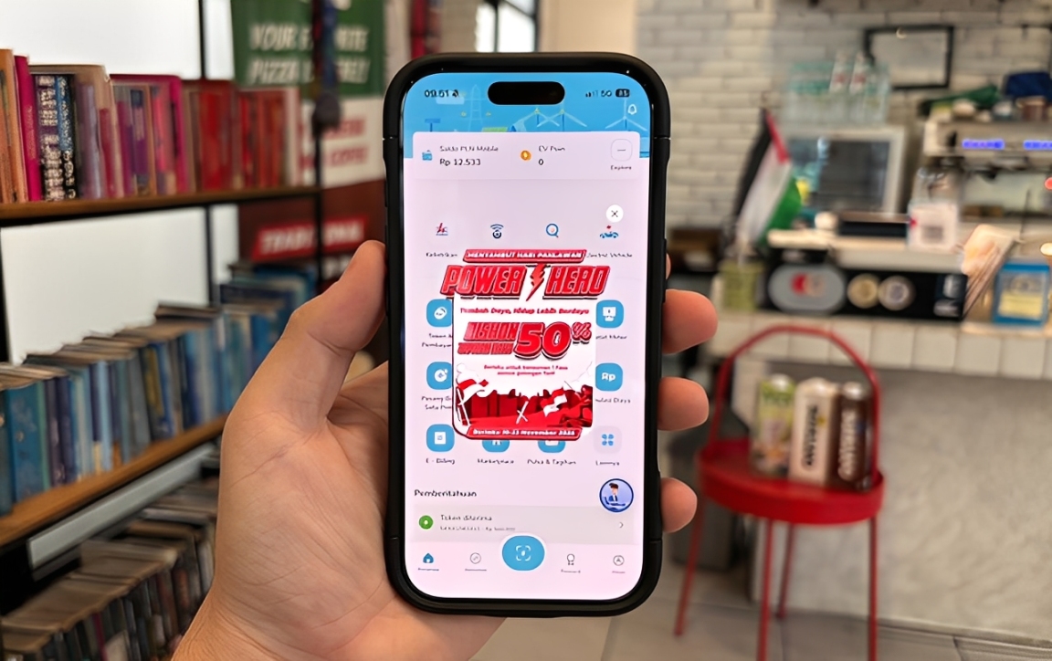 Pelanggan PLN menggunakan aplikasi PLN Mobile untuk klaim promo Power Hero yang memberikan potongan biaya tambah daya.
