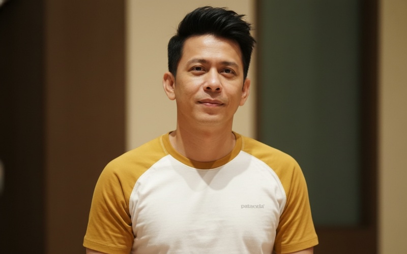 Ariel NOAH tersenyum dalam sesi wawancara, menampilkan ekspresi jujur yang kontras dengan citra panggungnya &mdash; visual hook tentang sisi personal sang musisi.