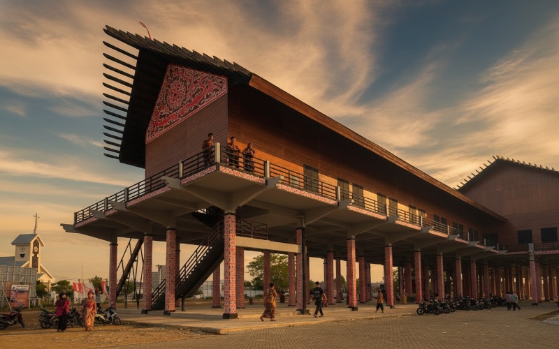 Rumah Radakng yang merupakan rumah adat Suku Dayak, tampak berdiri megah sebagai simbol budaya Kalimantan.