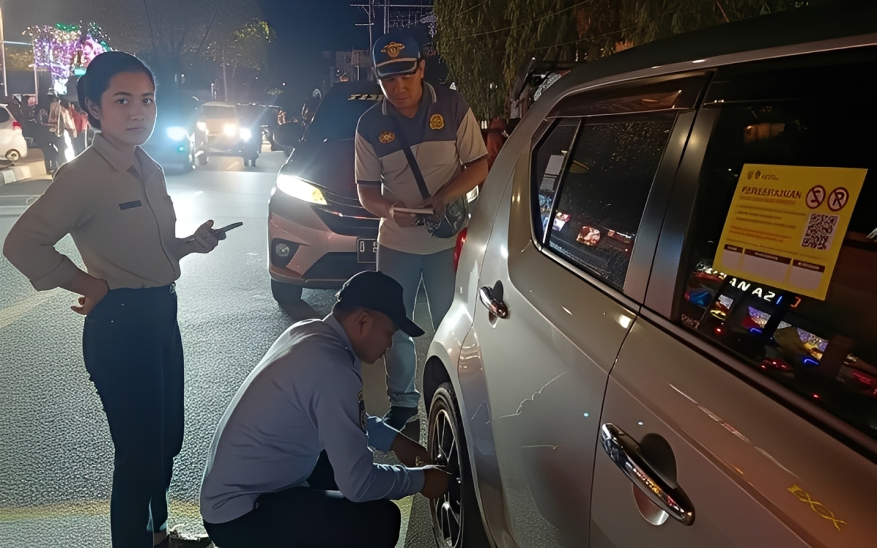 Petugas Dishub menindak mobil yang parkir sembarangan di Jalan M Yamin, Samarinda, Minggu (16 November 2025).