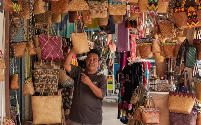 Kerajinan manik-manik warna-warni khas Dayak di Pasar Kebun Sayur Balikpapan &mdash; visual budaya yang memikat.