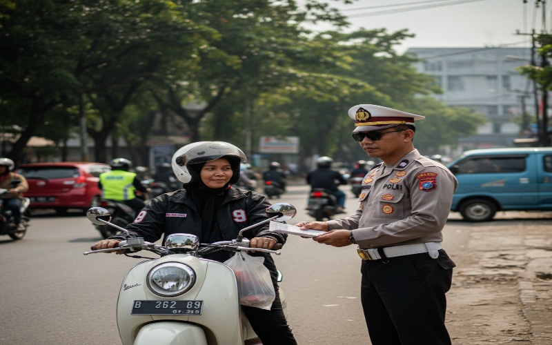 Petugas Operasi Zebra Mahakam 2025 memeriksa kendaraan dengan fokus keselamatan, tampilan visual dinamis dan edukatif.