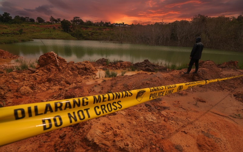Area kubangan Graha Indah dengan elevasi cekung &mdash; visual dramatis kondisi lapangan pascainsiden.