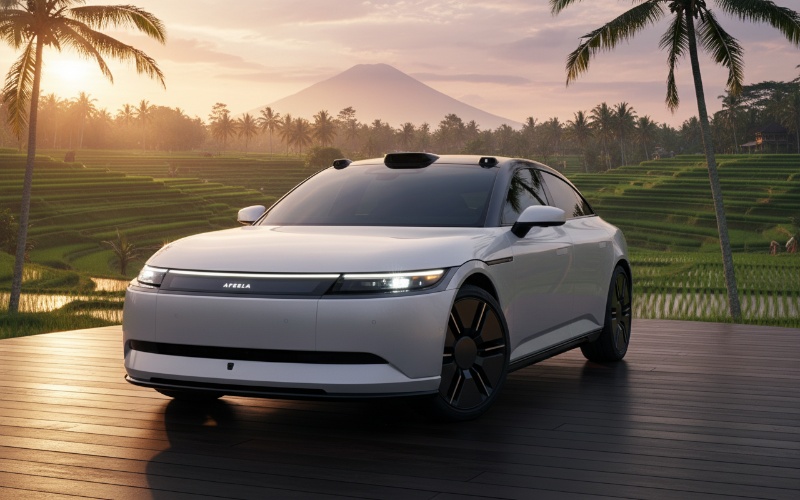 Afeela 1 sedan listrik futuristik dengan dashboard layar penuh dan sensor canggih &mdash; visual modern yang memikat perhatian.