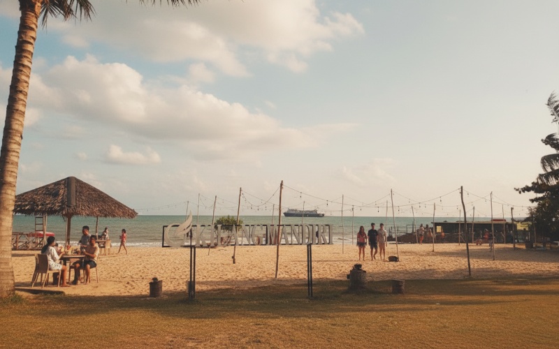 &ldquo;Panorama Pantai Kilang Mandiri dengan bean bag warna-warni saat senja&mdash;vibes santai dengan hook visual yang memanjakan mata.&rdquo;