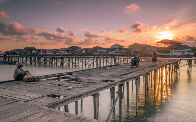 Rumah panggung kayu ulin di atas laut dengan lorong kayu panjang&mdash;visual ikonik kampung pesisir Balikpapan yang memikat.