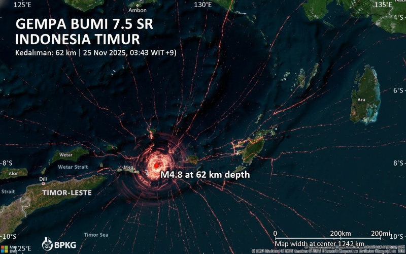 Gempa magnitudo 4,8 mengguncang wilayah Tiakur, Maluku Barat Daya, dini hari pukul 03.43 WIT. Berdasarkan data awal GFZ, getaran terasa ringan dan tidak menimbulkan kerusakan berarti. Pemantauan seism