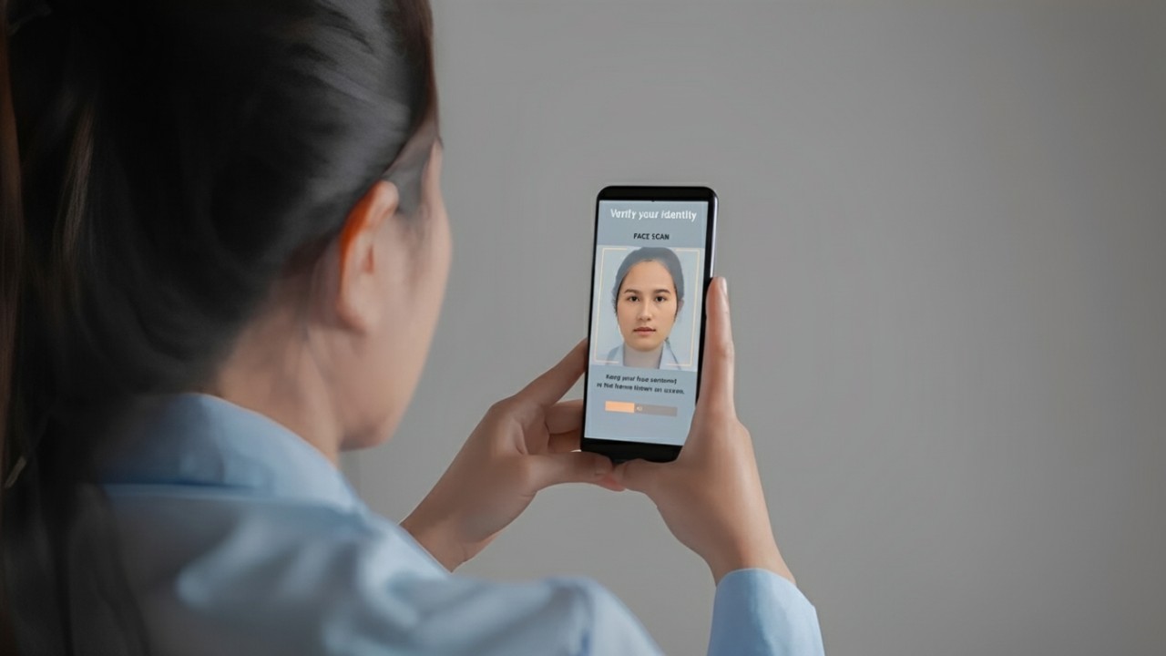 Ilustrasi proses registrasi kartu menggunakan verifikasi biometrik wajah (face recognition).