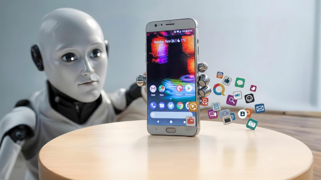 Ilustrasi smartphone futuristik dengan efek AI glowing untuk menonjolkan kecerdasan visual.