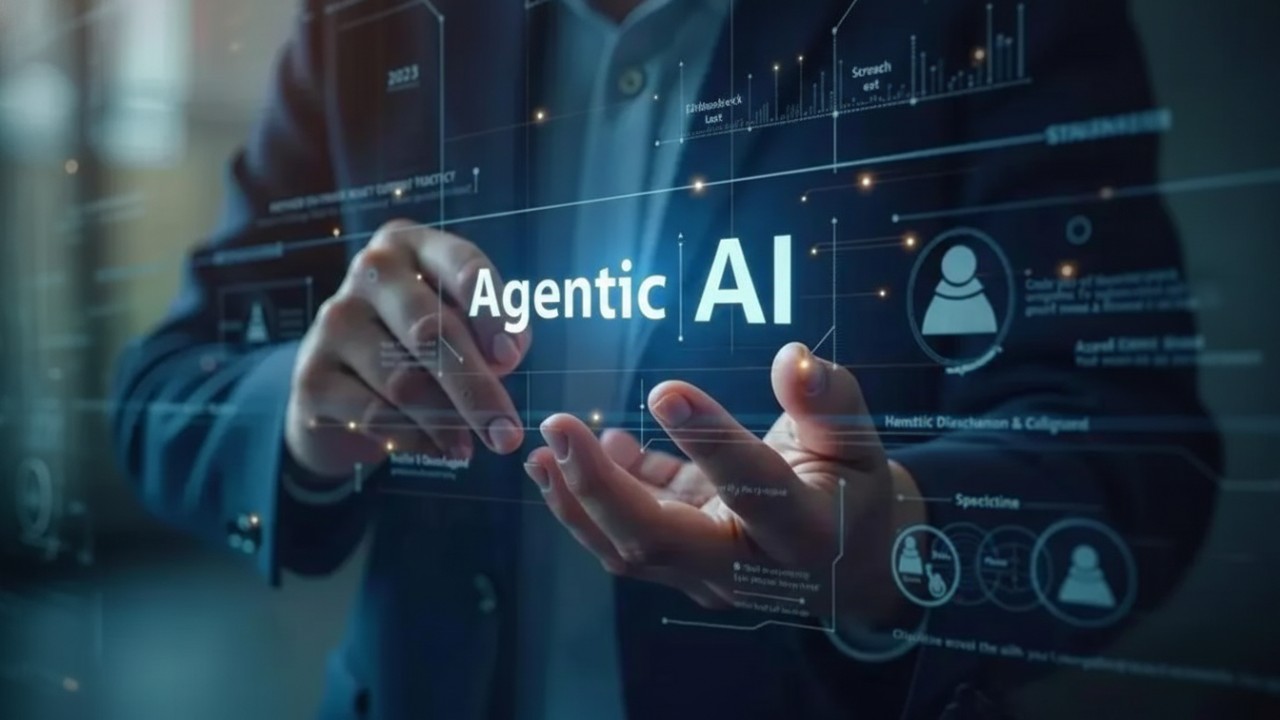 Ilustrasi agen AI modern dengan nuansa futuristik