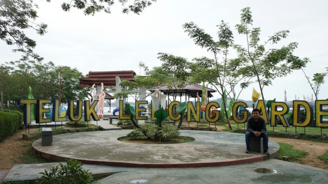 &ldquo;Panorama Teluk Lerong Garden Samarinda &ndash; pemandangan tepi Sungai Mahakam dengan sorotan lampu taman yang memikat.&rdquo;
