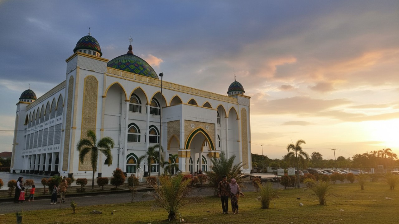 Kubah megah Masjid Islamic Center Penajam dengan menara tinggi dan cahaya senja yang dramatis &mdash; visual ikonik yang memikat.