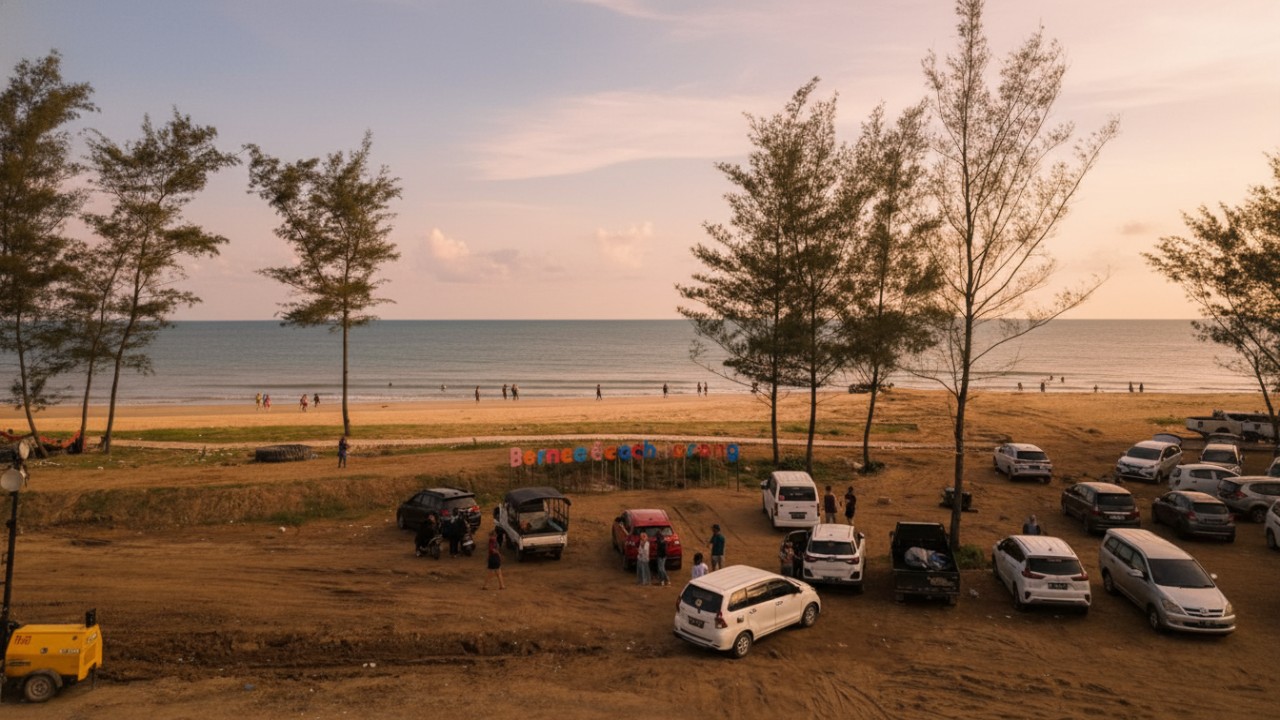 Panorama Borneo Beach Jorong dengan cahaya lembut dan garis pantai yang menenangkan yang menghipnotis.