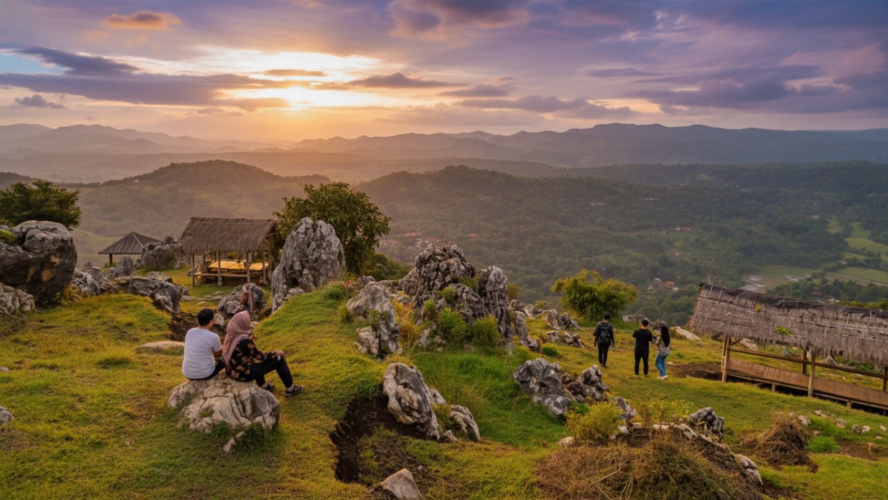 Lanskap Stone Garden Citatah dengan gugusan batuan karst, cahaya lembut, dan panorama luas untuk visual hook dramatis.