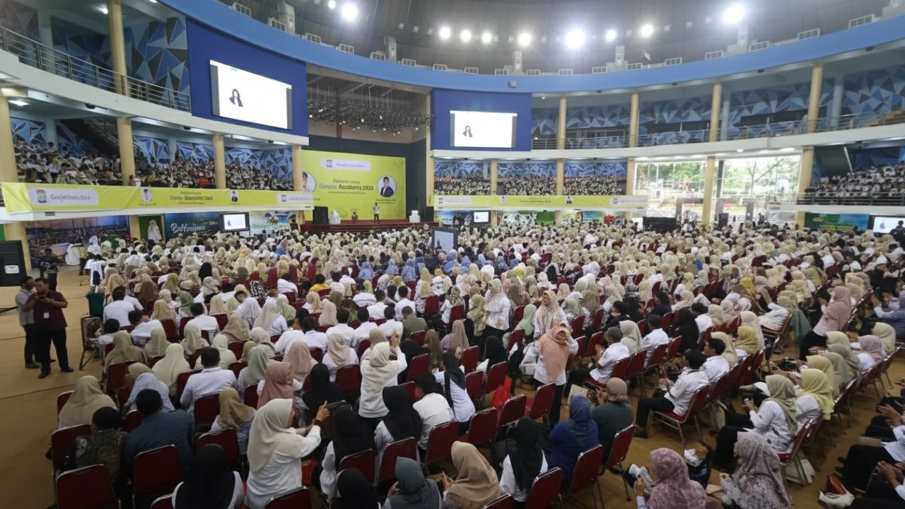 Guru memenuhi BSCC Dome Balikpapan mengikuti pelatihan Gemini Academy, tampilan suasana antusias dengan visual teknologi dan AI yang atraktif.