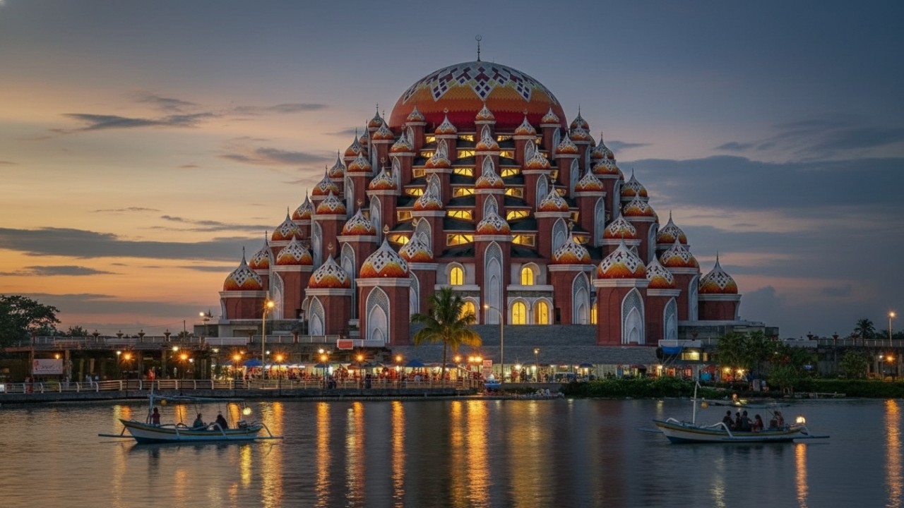Masjid 99 Kubah Sulsel dengan deretan kubah ikonik, menonjol dalam suasana senja sebagai visual yang memikat perhatian.