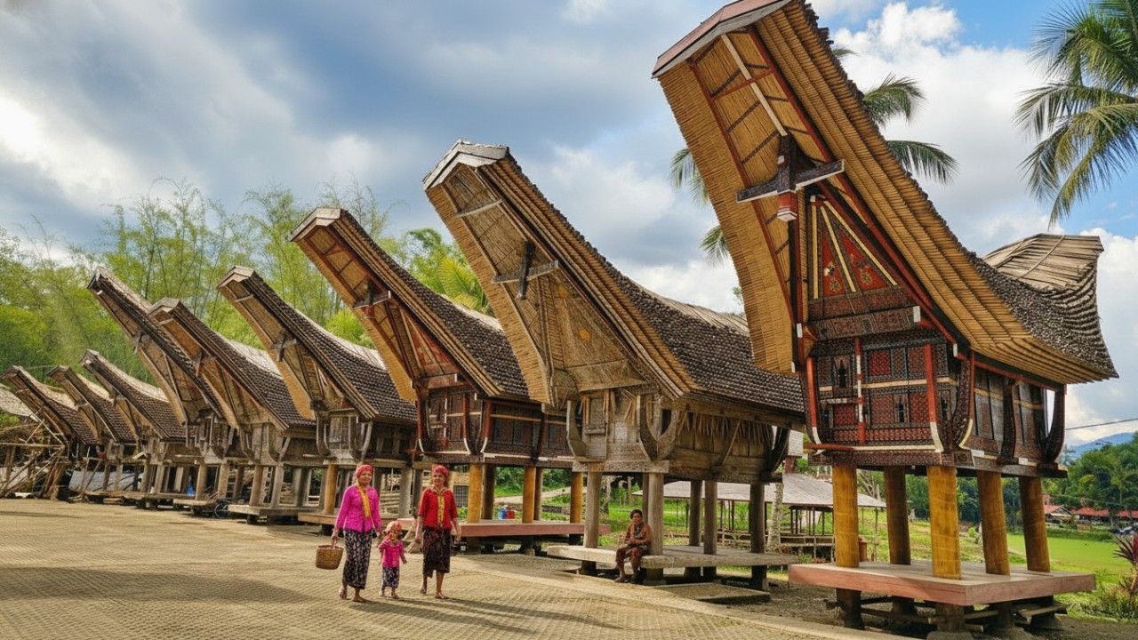 Rumah tongkonan tradisional Toraja dengan bukit hijau di latar belakang visual hangat yang memikat mata.