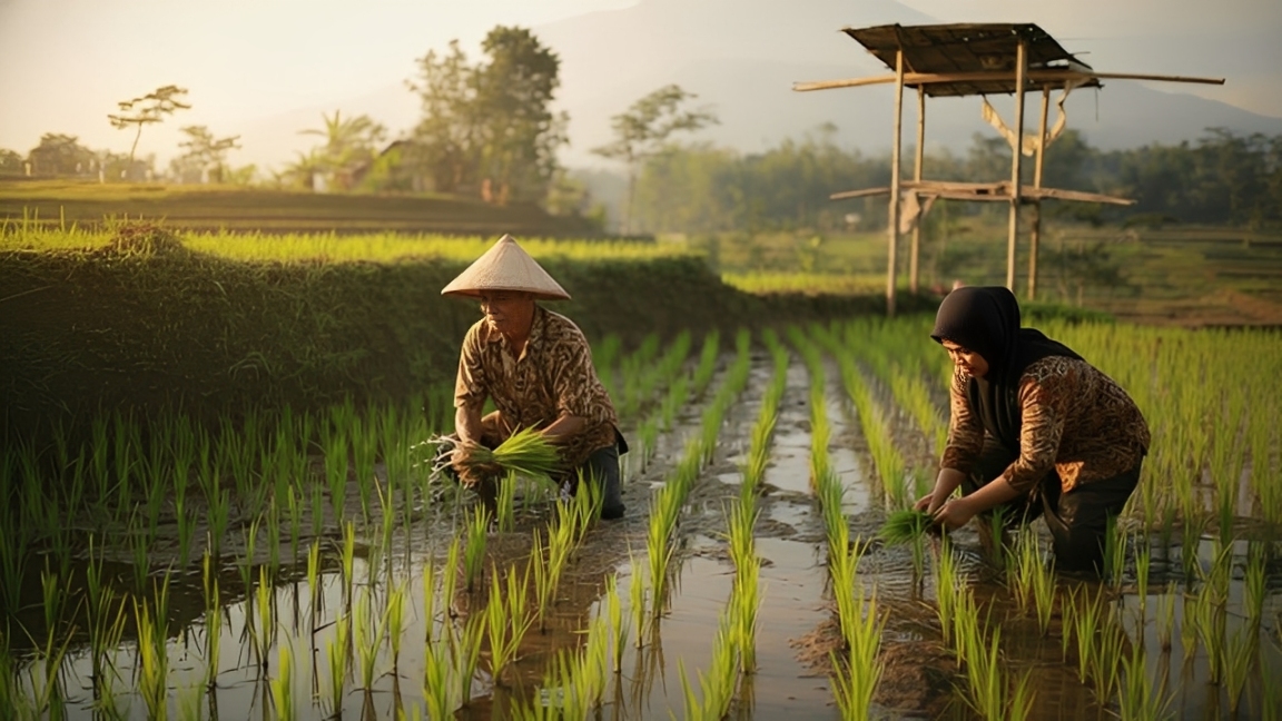 Dua petani menanam padi di area persawahan pada pagi hari.