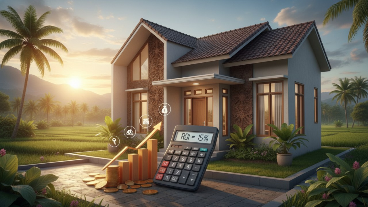 Ilustrasi rumah minimalis modern dengan fokus pada struktur dan material premium, konsep ROI jangka panjang.