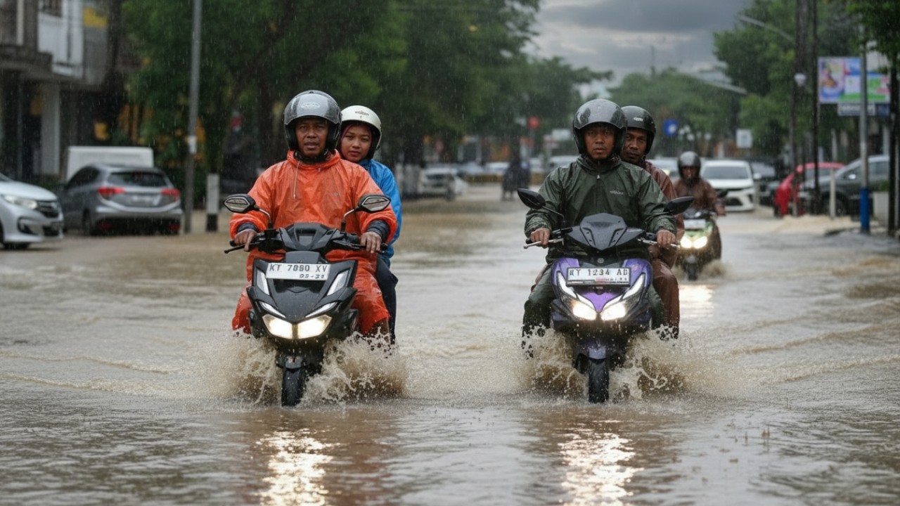 Pengendara motor melintasi genangan banjir di Jalan MT Haryono, Balikpapan, Sabtu (29 November 2025).