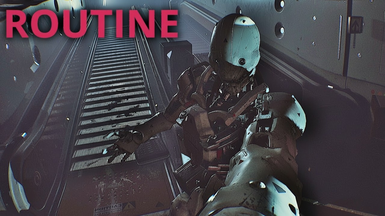 Ilustrasi lunar base gelap dengan lorong futuristik, cahaya redup, dan nuansa horor sunyi untuk memperkuat visual atmosfer Routine.