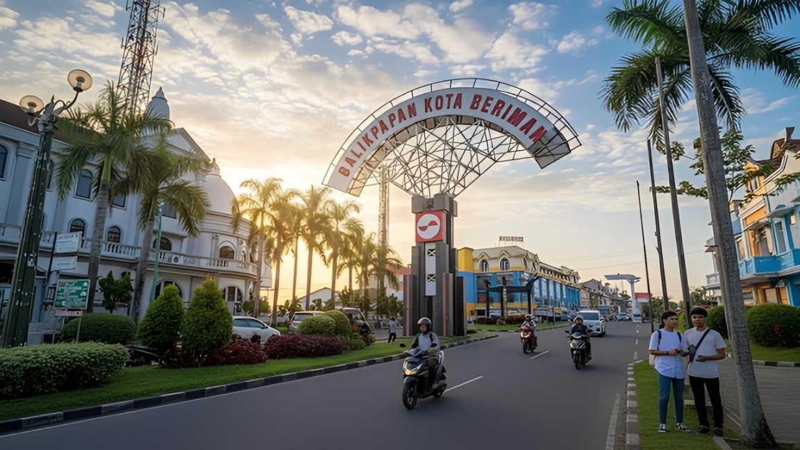 Suasana sore di kawasan Simpang 4 Balikpapan Baru dengan ikon Balikpapan Kota Beriman yang tampak di tengah jalan.
