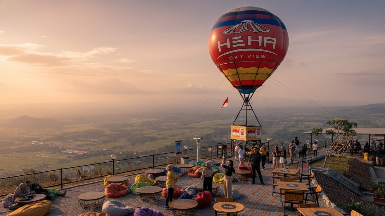 Pemandangan HeHa Sky View di ketinggian dengan cahaya senja yang memantul di instalasi modern&mdash;visual yang langsung memikat mata.