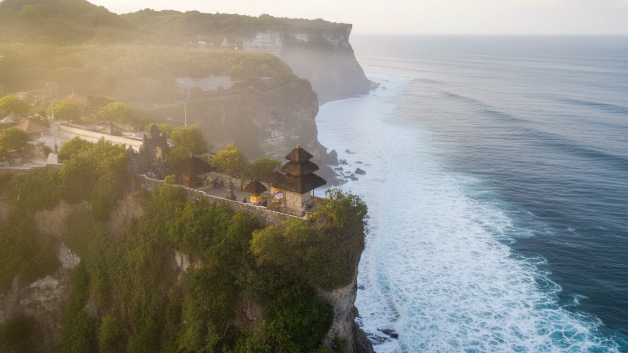 Tebing Uluwatu dengan pura megah dan langit jingga&mdash;panorama dramatis yang memanjakan mata.