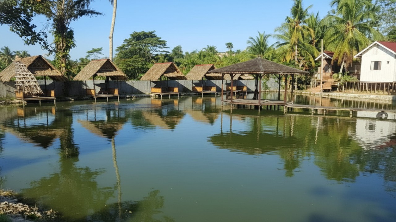 Suasana Pemancingan Pondok Nipah Balikpapan dengan kolam luas dan gazebo teduh&mdash;visual yang memikat dan menenangkan mata.