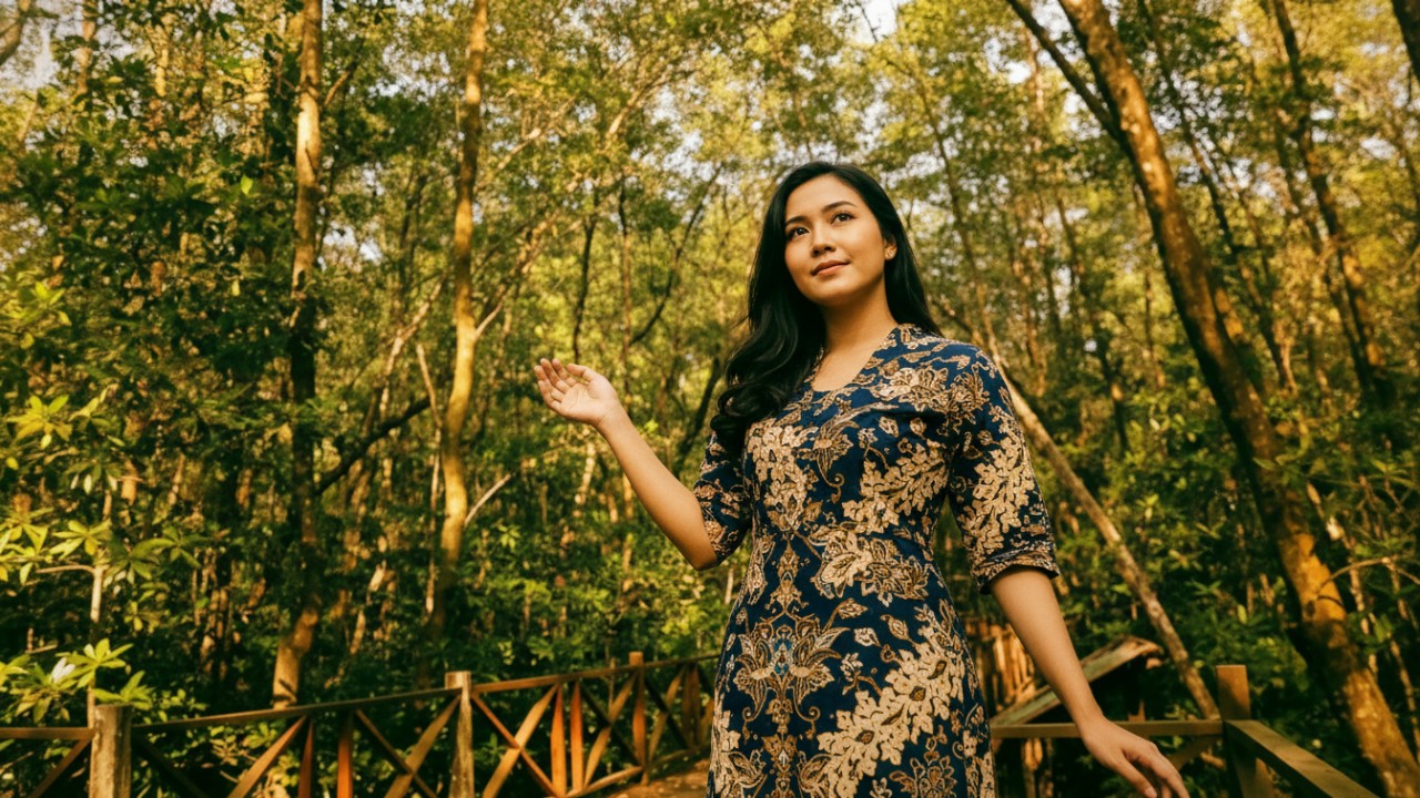 Panorama jembatan kayu Ekowisata Mangrove Penajam di tengah bakau hijau, menghadirkan suasana alam yang tenang dan fotogenik.