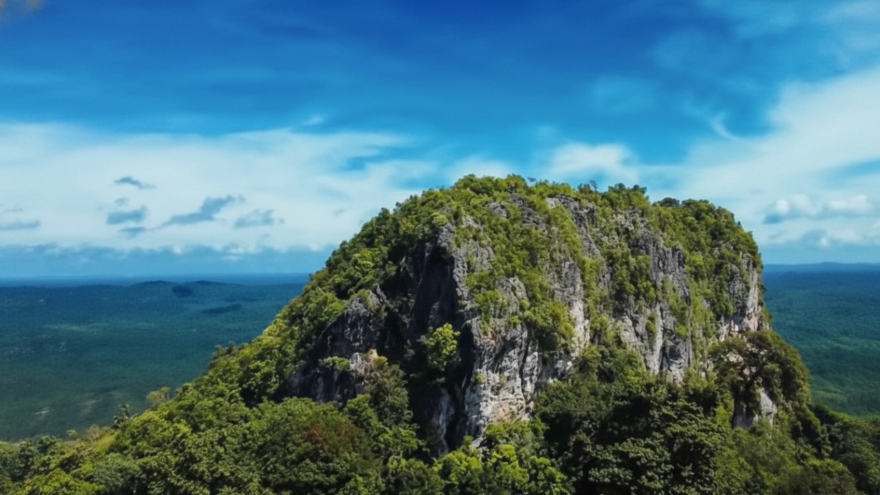 Panorama Gunung Parung IKN dengan hamparan hutan hijau dan horizon Teluk Balikpapan &mdash; visual dramatis dari puncak tertinggi sekitar Nusantara.