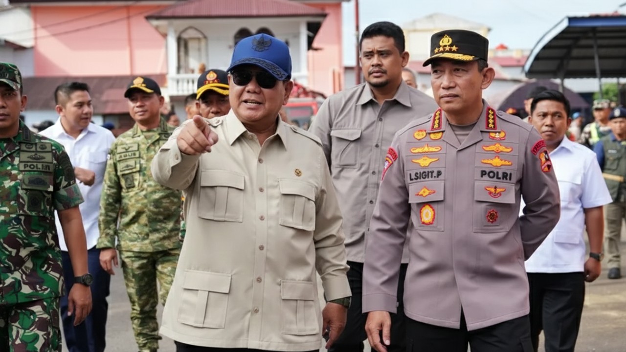 Presiden dan Kapolri meninjau pengungsian Tapanuli Tengah dengan fokus pada pemberdayaan warga, perbaikan akses, dan distribusi bantuan &mdash; visual kuat penuh kepedulian.