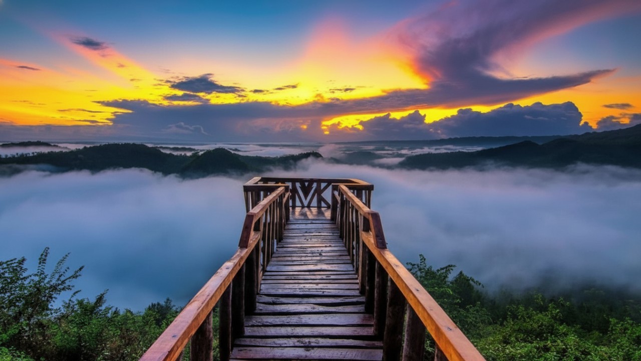 Panorama Bukit Panguk Kediwung Yogyakarta &mdash; lautan kabut + view Sungai Oya menghadirkan visual dramatis yang memikat mata.