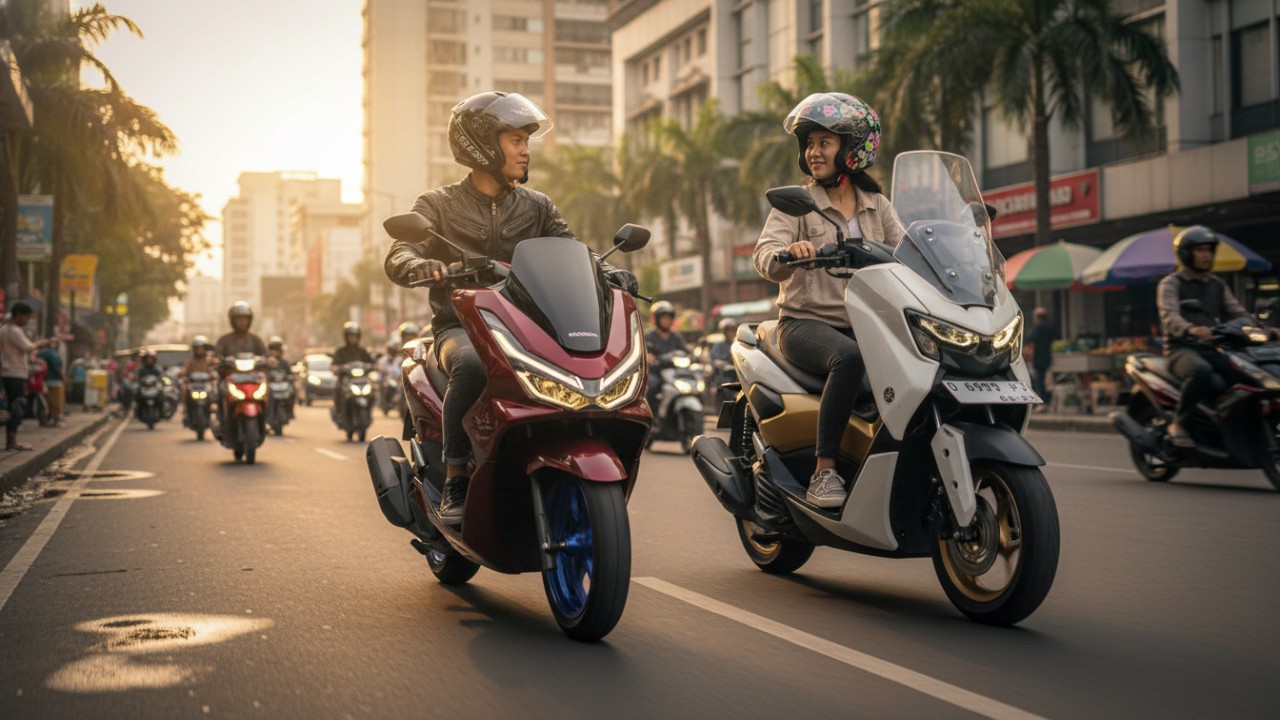 Yamaha NMAX dan Honda PCX berdampingan dengan tampilan sporty dan elegan, menonjolkan desain, fitur, dan keunggulan visual masing-masing.