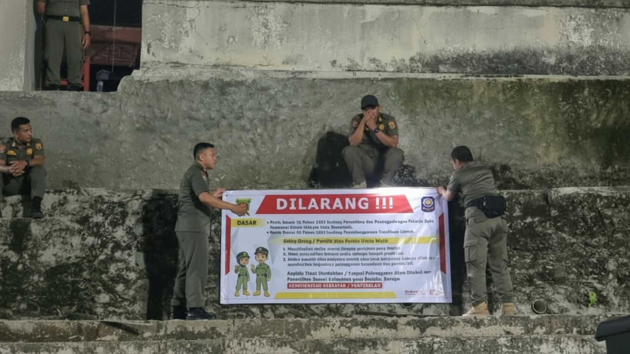 Petugas Satpol PP memasang banner larangan di lokasi Loa Hui sebagai simbol penghentian aktivitas hiburan yang melanggar aturan.