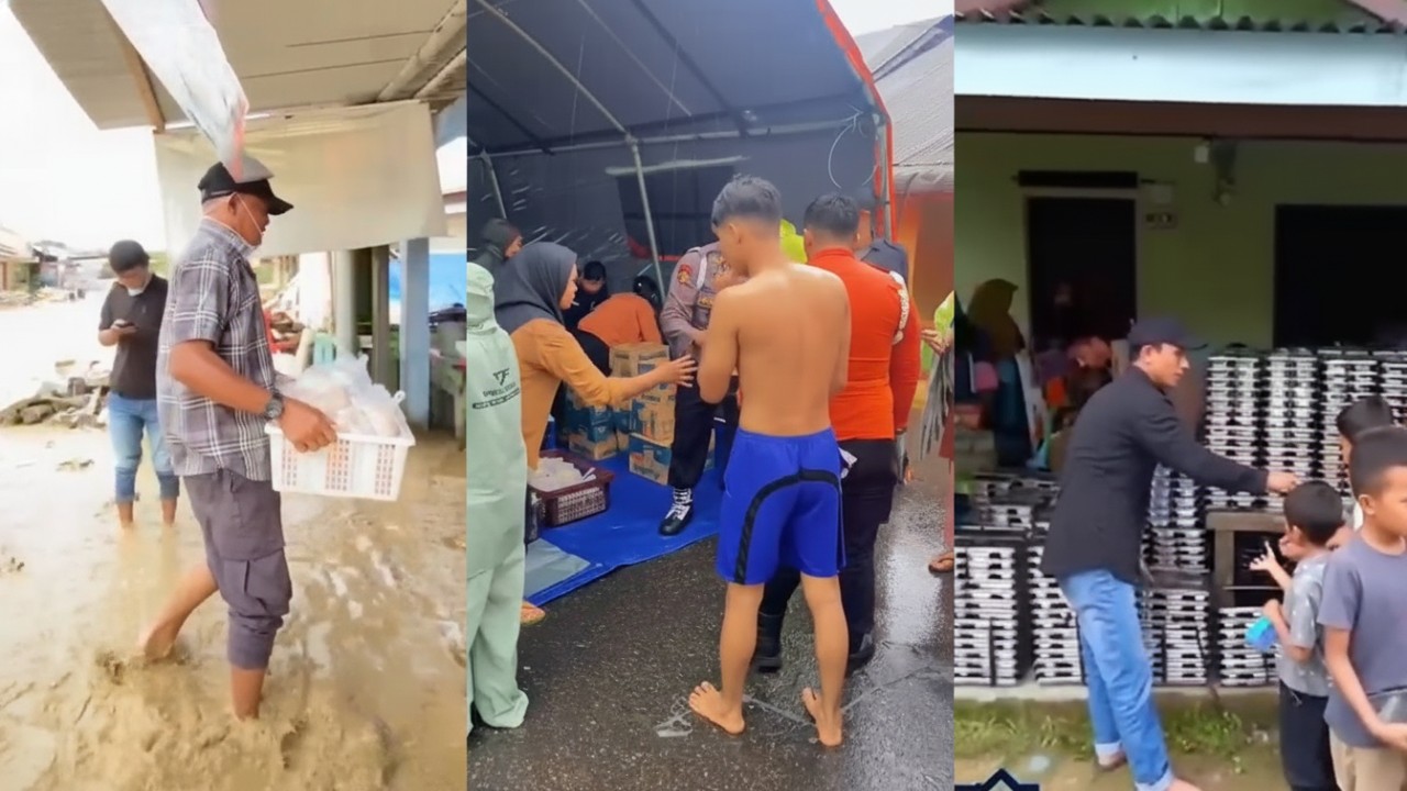 Relawan mengemas paket Makan Bergizi Gratis, dapur darurat, aktivitas distribusi di tengah banjir dengan visual humanis dan dinamis.