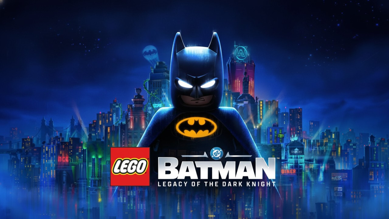 Lego Batman berdiri di tengah nuansa aksi dramatis dengan cahaya kota sebagai latar untuk memperkuat kesan heroik visualnya.
