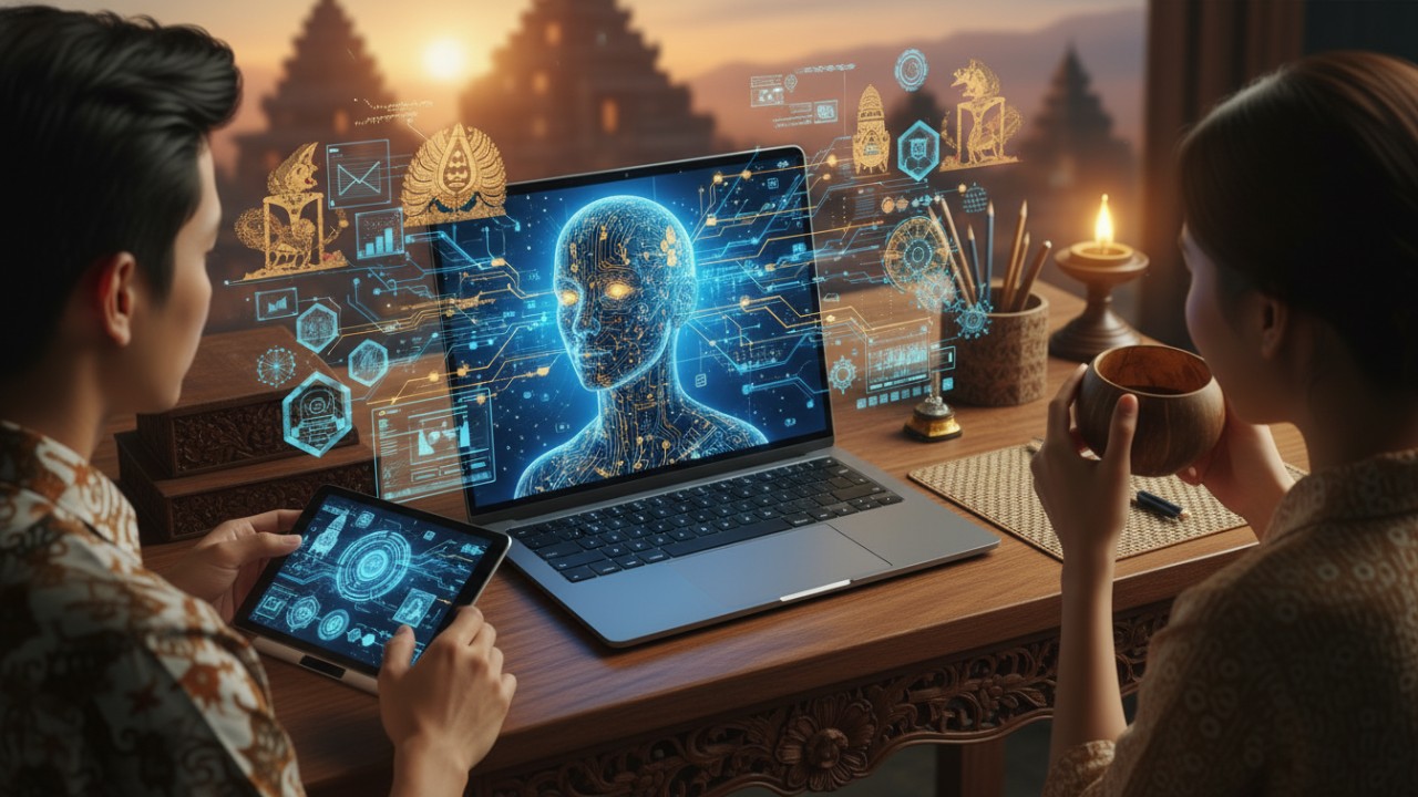 AI PC modern dengan prosesor dan GPU hemat daya yang mendukung tugas AI&mdash;visual elegan dengan nuansa futuristik.