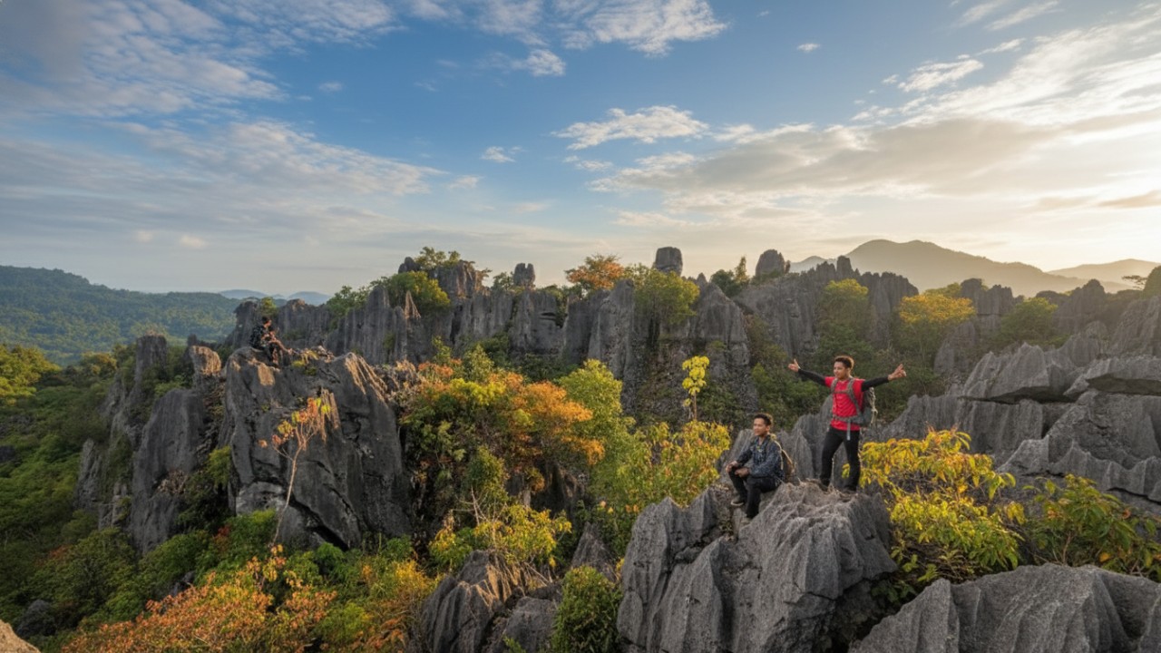 Tebing batu karst Bukit Sembinai dengan lanskap hijau tropis &mdash; visual dramatis yang memancing rasa ingin berpetualang.
