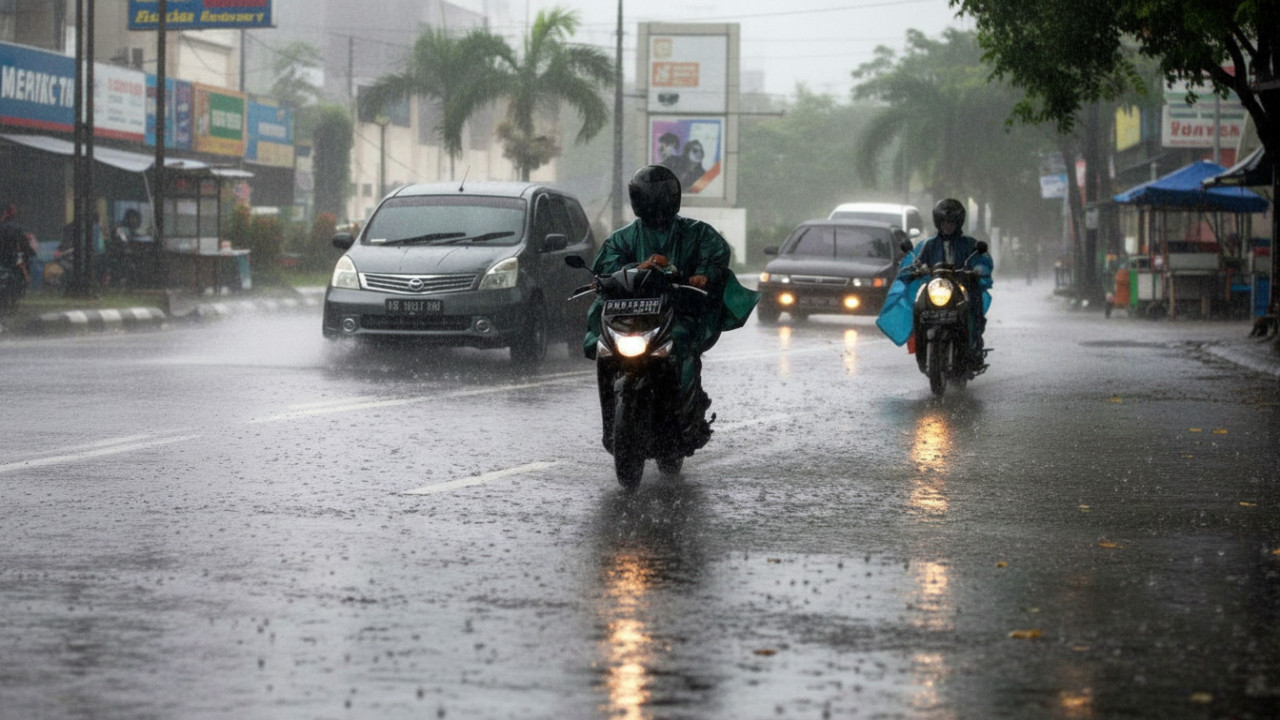 Hujan deras Kalimantan Timur dengan visual langit gelap dan aliran air intens sebagai hook atmosferik.